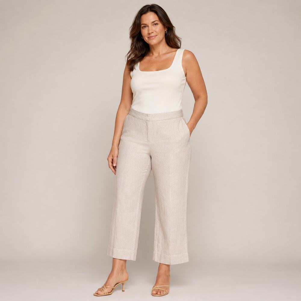 Ann Taylor Loft Marisa LINEN Trouser Beige 12P Mid Rise Coastal Quiet Luxury CBK